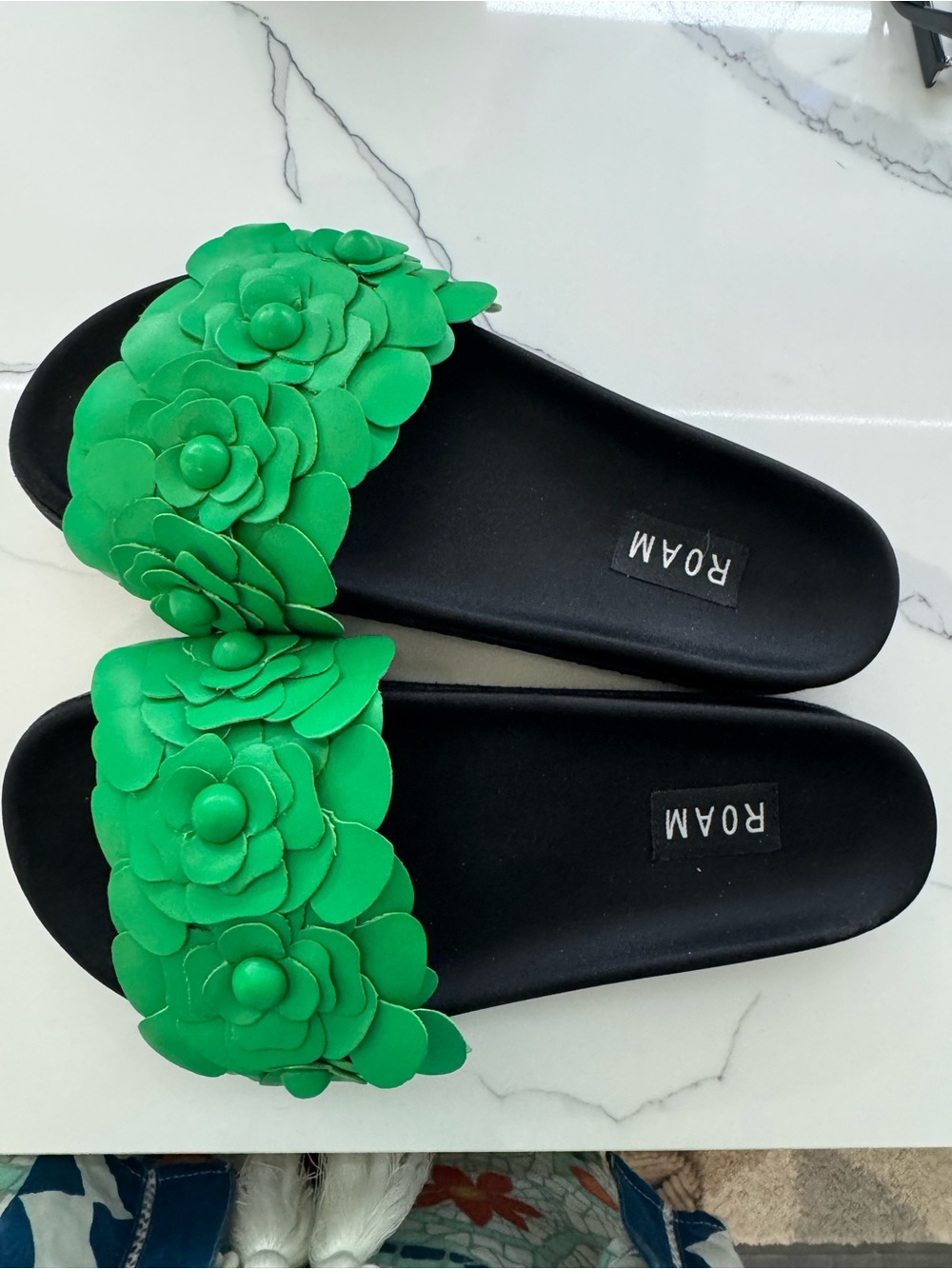 ROAM Black Slide Sandals with Green Floral Appliqué